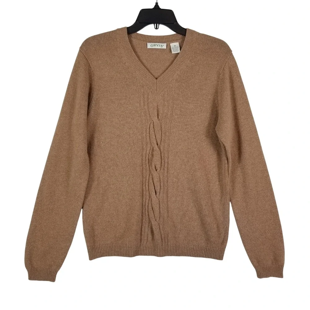 Orvis Sweater Women Medium Tan 100% Cashmere V-Neck Cable Knit‎ Pullover